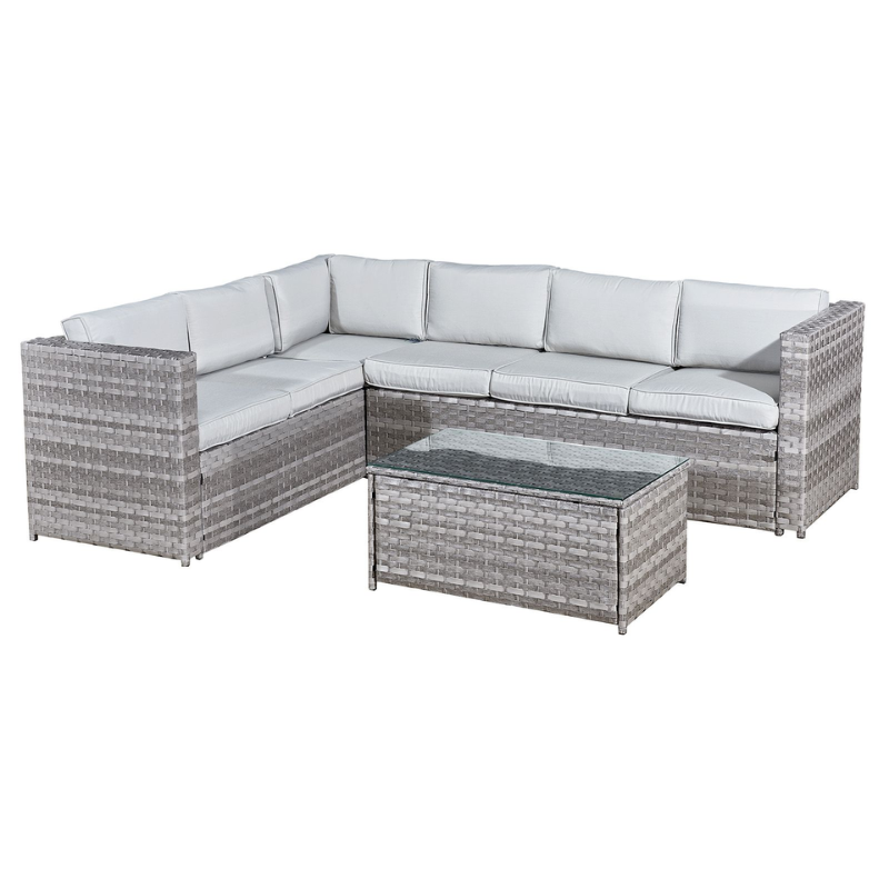 Acorn Rattan 6 Seat Corner Sofa Set in Dove Grey with Off-White Cushions