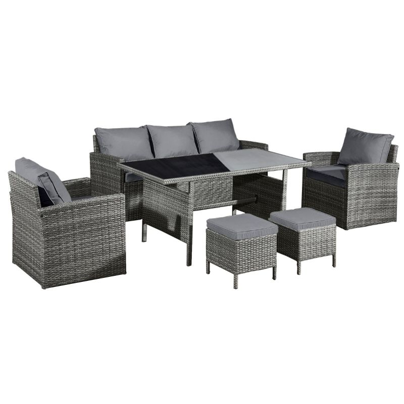 Fiji Rattan 7 Seat Lounge Dining Set in Pewter Grey