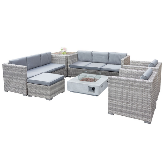 Malta XS Rattan 9 Seat U-Shape Set with GRC Firepit in Dove Grey