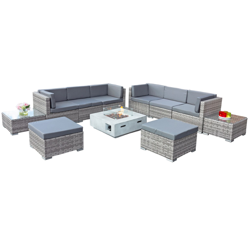 Trinidad Deluxe Rattan 8 Seat Modular Sofa Set with GRC Firepit in Dove Grey