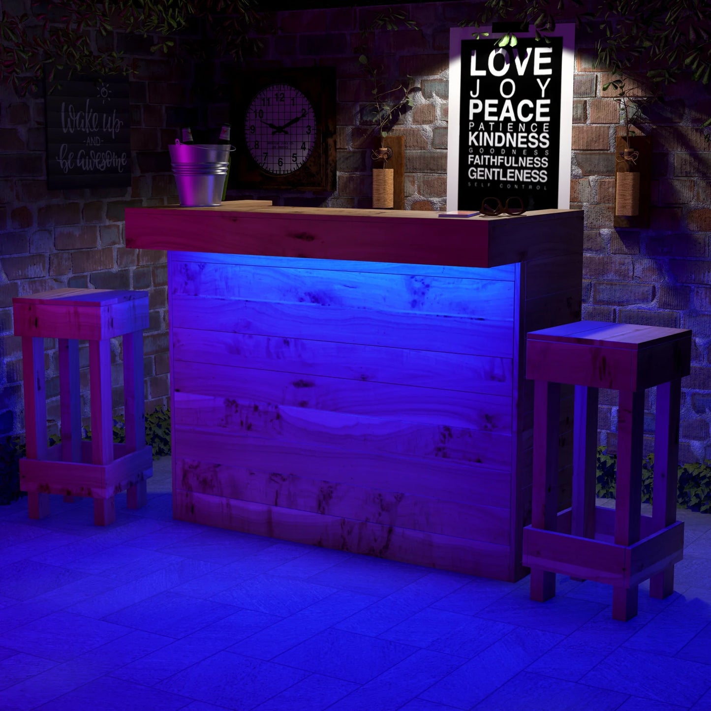 Rustic Wooden Bar & Bar Stools Set (Includes LED's)