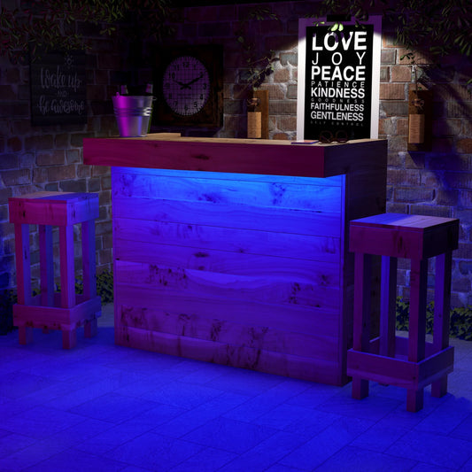 Rustic Wooden Bar & Bar Stools Set (Includes LED's)