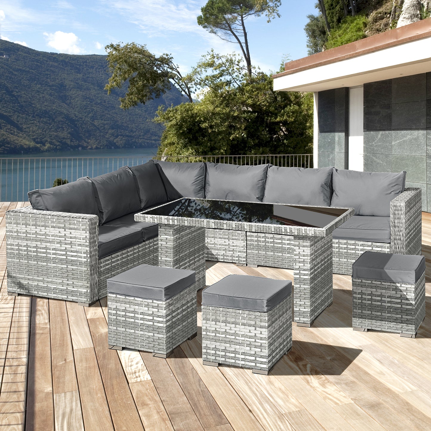 Aruba Rattan 9 Seat Corner Dining Set in Dove Grey